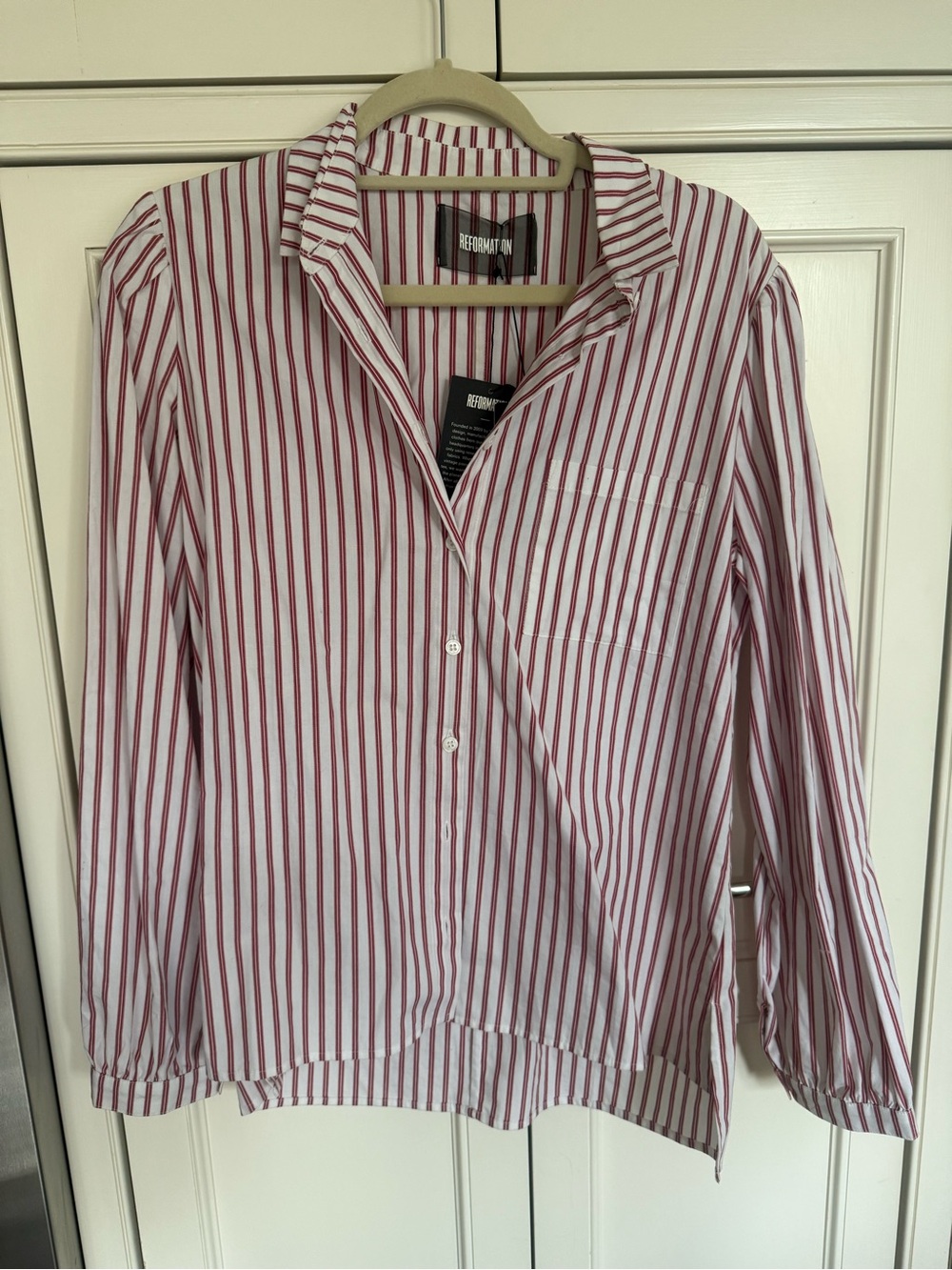 NWT Reformation White and Red Vertical Stripe Button-Down Shirt